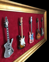 33” x 18” - 5 x Mini Guitar Display Frame - Deep Red Suede - Warm Gold Leafing 2 1/4” Wood Frame